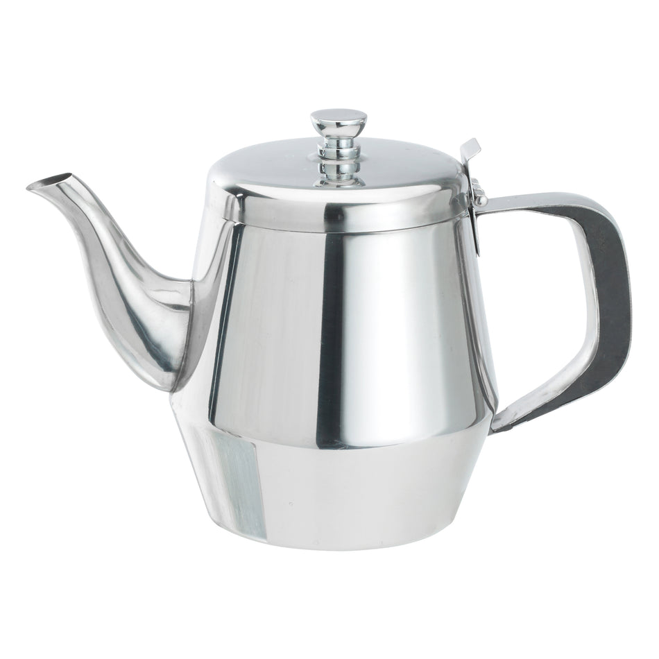 Winco JB2928 28 Oz Gooseneck Teapot Vented Lid Bakelite Handle Stainless Steel Mirror Finish