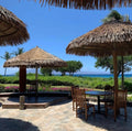 Rockless Table bases supporting tables on an outdoor patio with uneven flooring