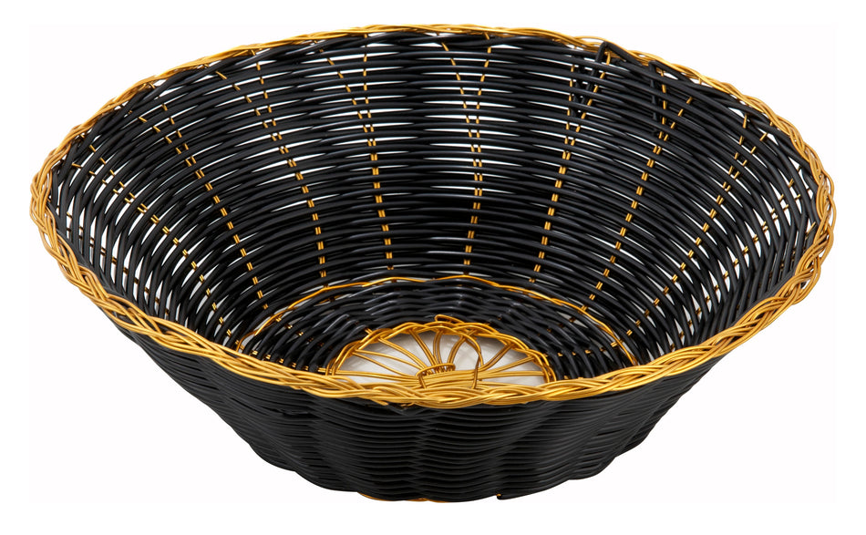 Winco PWBK-8R 8-1/2 Inch Round Woven Basket Black with Gold Trim Polypropylene