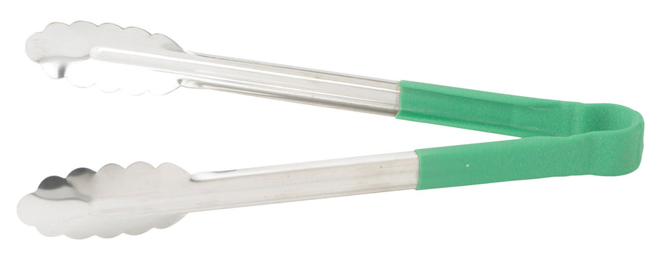 Winco UTPH-12G 12 Inch Utility Tongs Non Slip Green Polypropylene Handle Stainless Steel