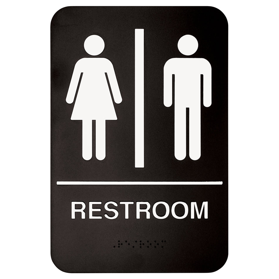 Winco SGNB-603 6 Inch Sign Compliance Braille RESTROOM White on Black