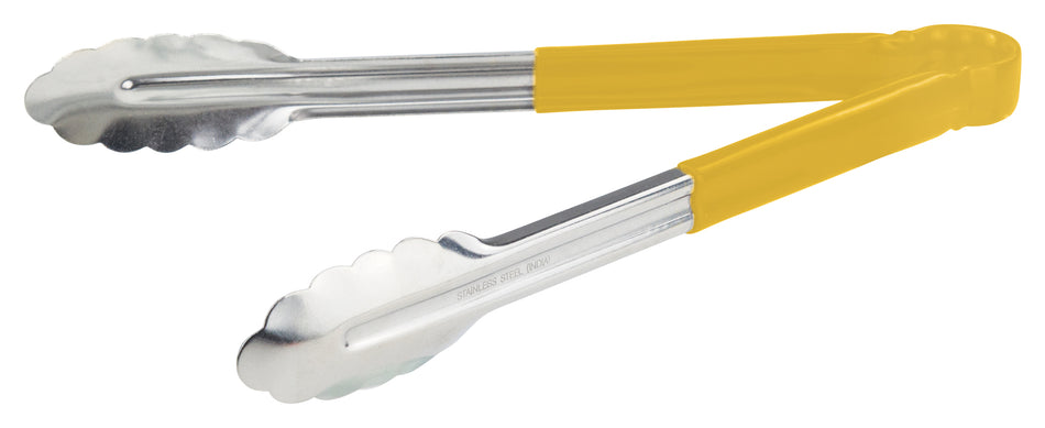 Winco UT-12HP-Y 12 Inch Utility Tongs for Cold Food Service Yellow Plastic Handle