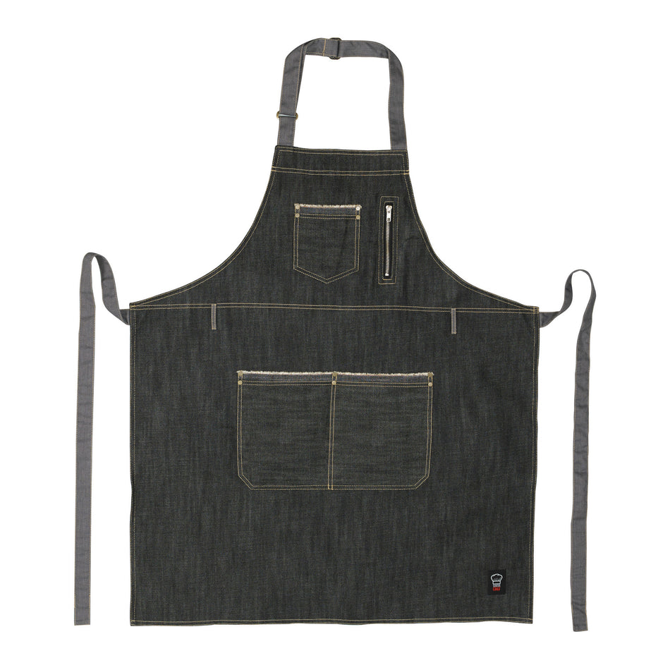 Winco BADN-3430 34-1/2 Inch Bib Apron with 3 Pockets and Zipper Pouch Blue Poly Cotton