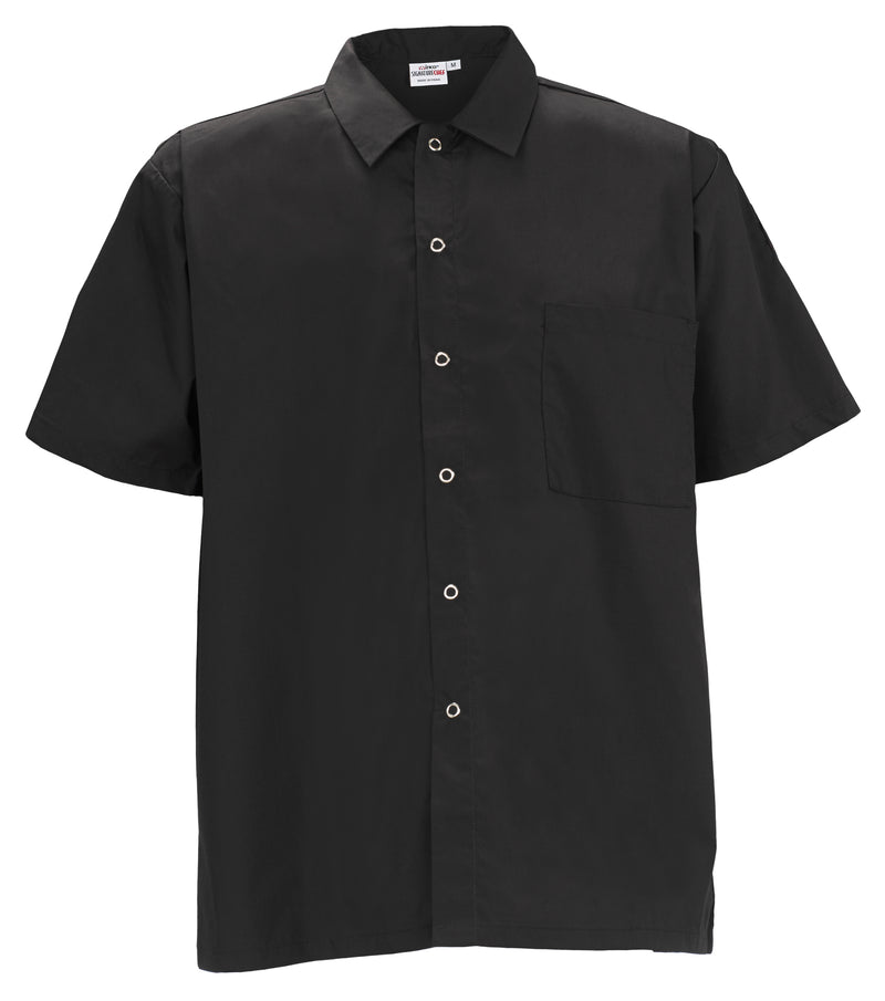 Winco UNF-1KS Cook's Shirt Short Sleeve Snap Buttons Black Poly-cotton