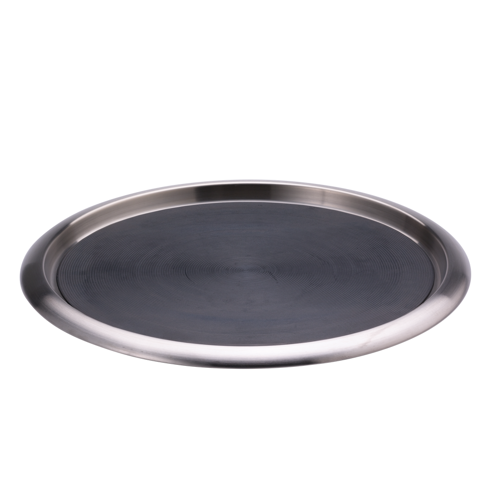 Non-Slip Silicone Surface 16 in. Large Round Serving Tray in Brushed Stainless and Black