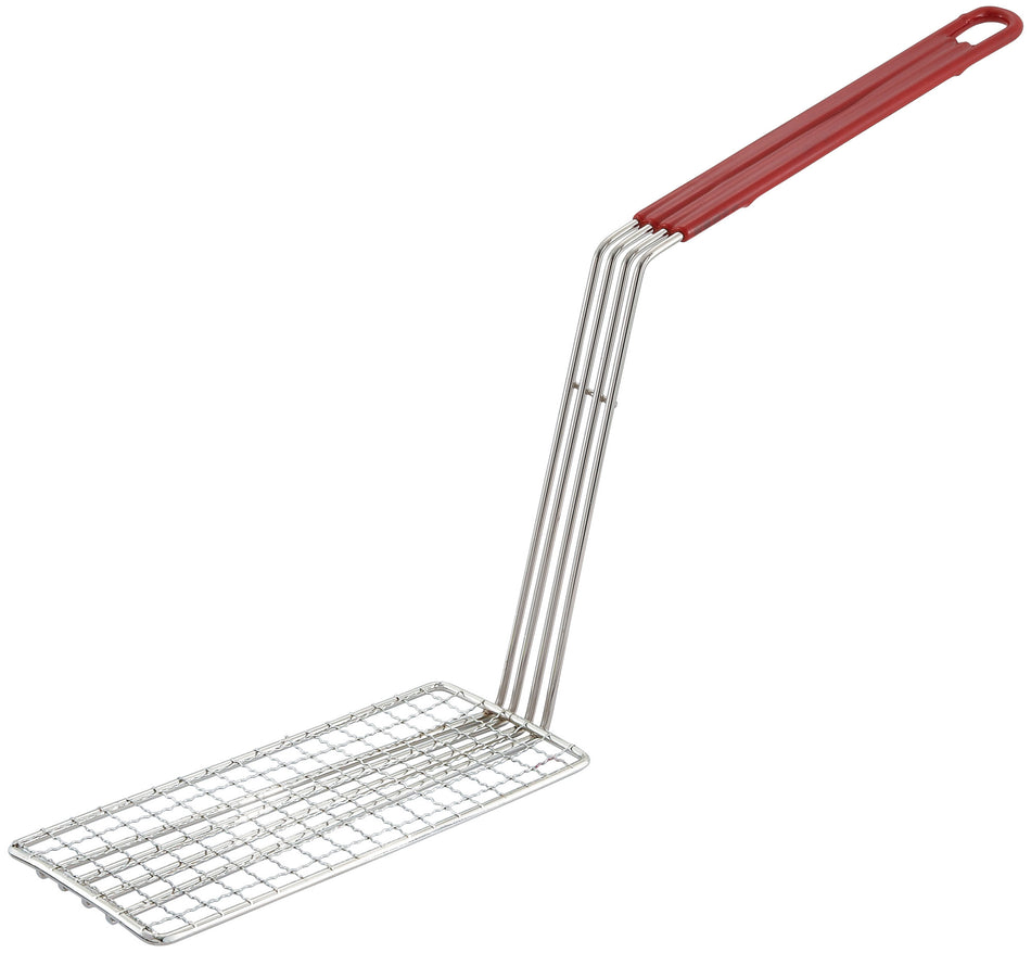 Winco FB-PS 11 Inch Rectangular Fry Basket Press with Red Plastic Coated Handle