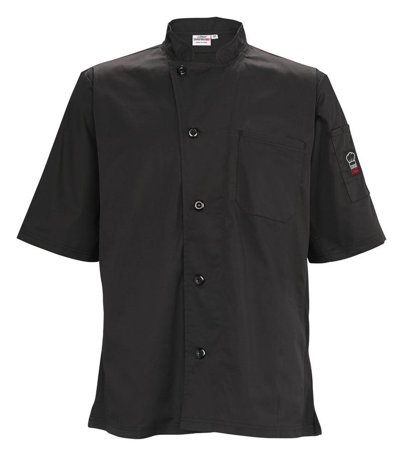 Winco UNF-9KM Medium Cook's Shirt with Chest and Thermometer Pocket Black Poly-Cotton
