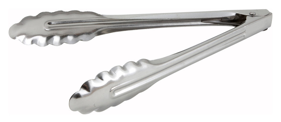 Winco UT-9LT 9 Inch Utility Tongs Coiled Spring Scalloped Edge Stainless Steel