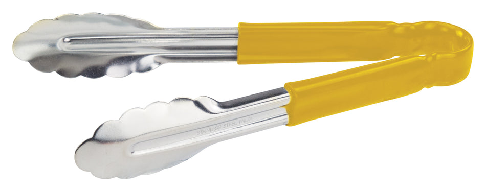 Winco UT-9HP-Y 9 Inch Utility Tongs for Cold Food Service Scalloped Yellow Stainless Steel Handle