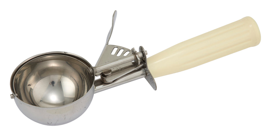Winco ICD-10 3-3/4 Oz. Ice Cream Disher Thumb Press Ivory Plastic Handle Stainless Steel