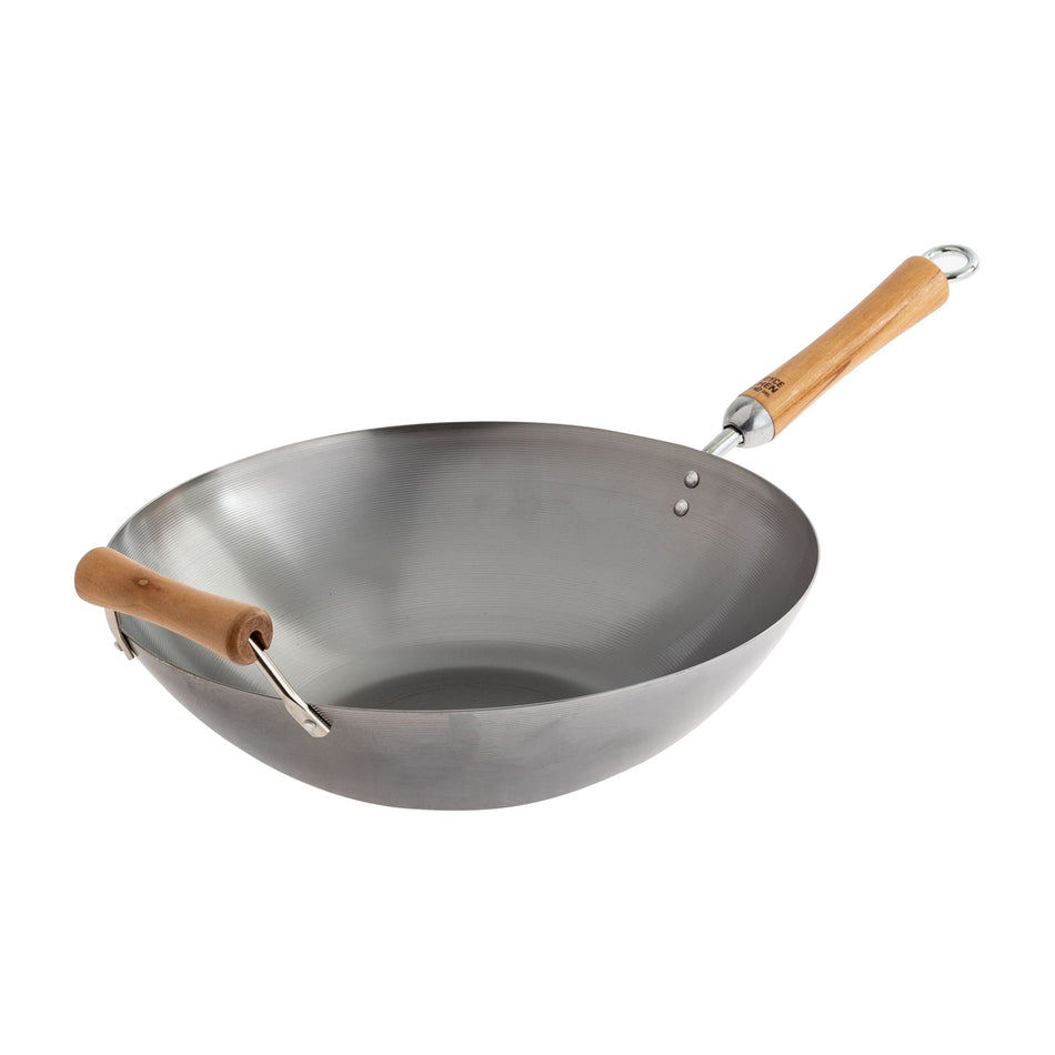 Winco J21-9978 14 Inch Wok Pan with birch handles Uncoated carbon steel