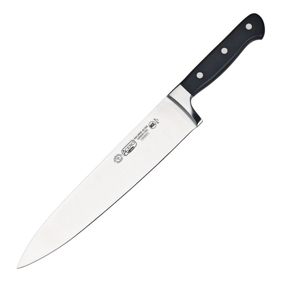 Winco KFP-100 10 Inch Blade Acero Chef Knife High Carbon Stainless Steel Black Handle