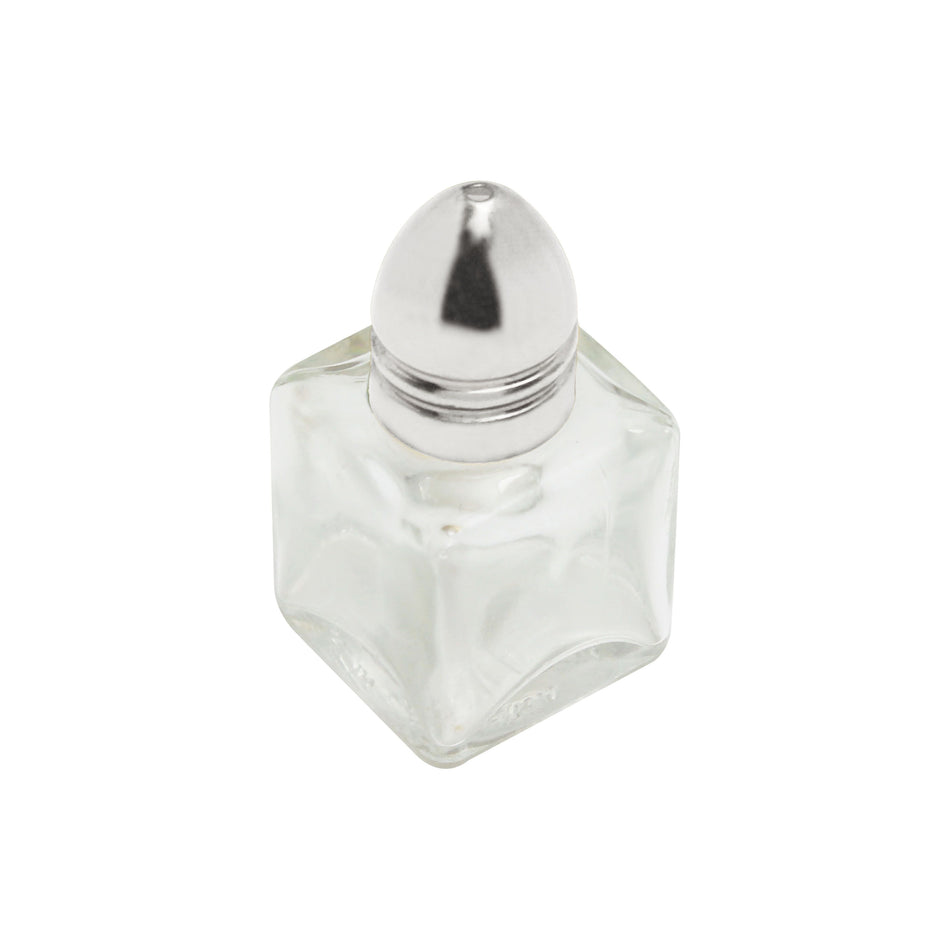 12 Pack 1/2 oz, 1-1/2" x 1-1/2" x 3", Cube Salt & Pepper Shaker, Stainless Steel Cap with Glass Body