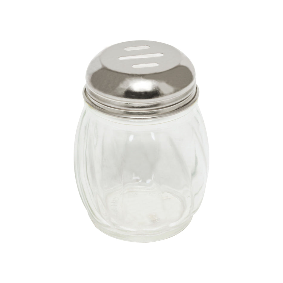 12 Pack 6 oz, 2-3/4" Diameter x 3-1/2" Height, Slotted Swirl Cheese Shaker, Glass body with Stainless Steel Cap