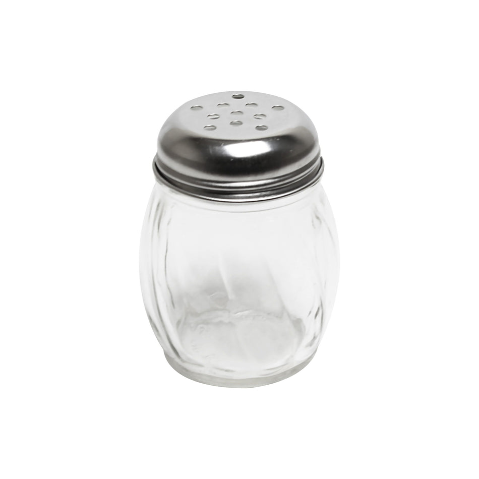 12 Pack 6 oz, 2-3/4" Diameter x 3-1/2" Height, Perforated Swirl Cheese Shaker, Glass body with Stainless Steel Cap