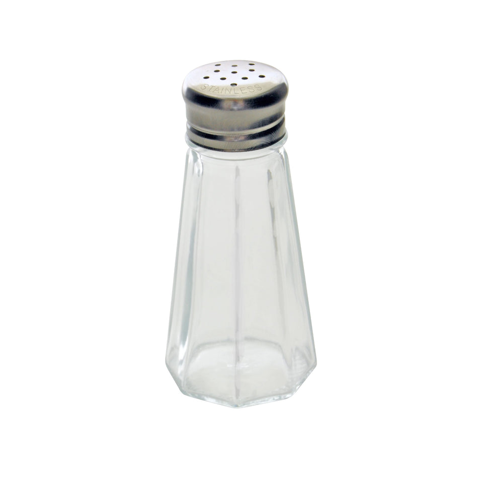 12 Pack 3 oz, 1-3/8" top Diameter, 2-1/8" bottom Diameter x 4-1/2" Height, Paneled Shaker, Rectangle Glass Body with Stainless Steel Mushroom Cap