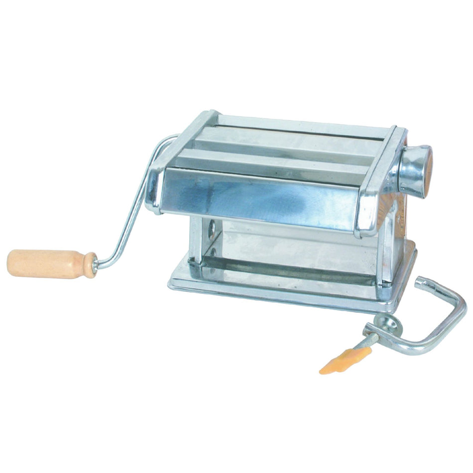 8" x 8" x 5-1/2" Manual Noodle Machine, ideal for making fine strands of fresh Noodle or pasta.  Comes with table Clamp and Medium (6mm) and Fine (2mm) Pasta Noodle Width Roller Options, Stainless Steel