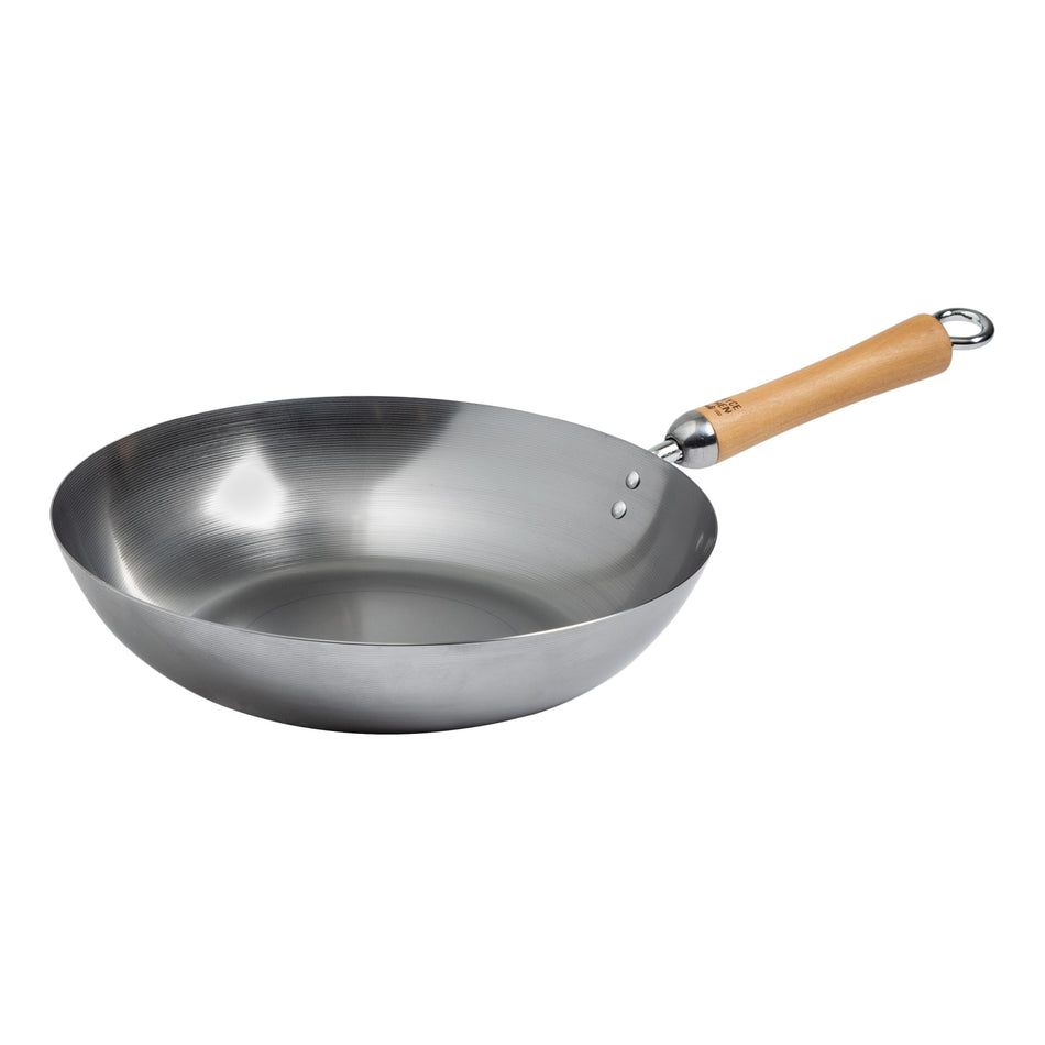 Winco J21-9979 12 Inch Stir Fry Pan Uncoated Carbon Steel Birch Handle