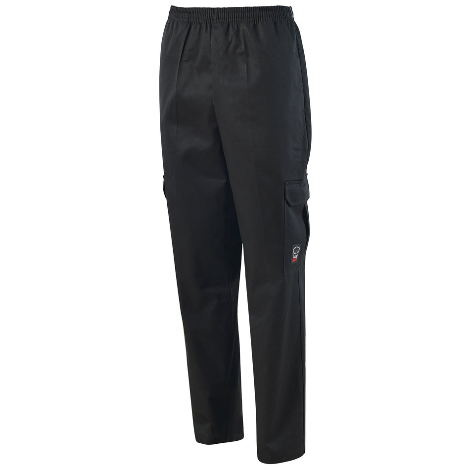 Winco UNF-11KM Medium Cargo Chef Pants Black Elastic Waistband with Drawstring