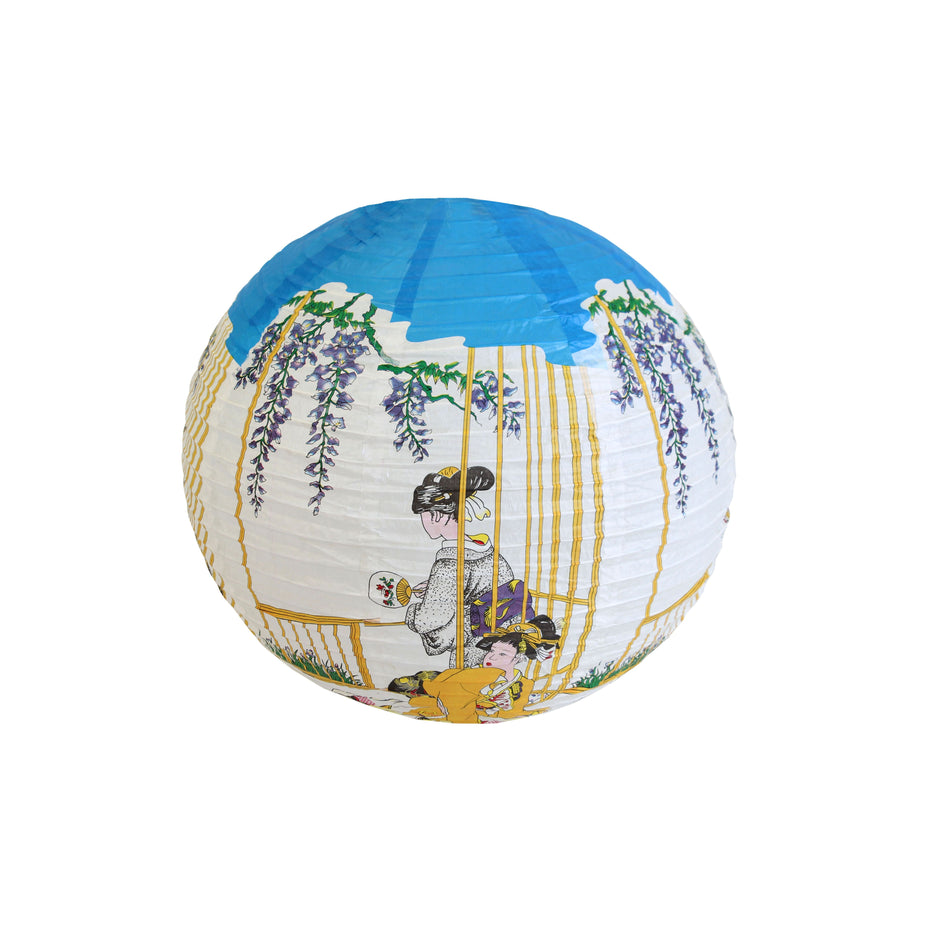 16" Diameter, Paper Lantern with "Geisha" word, Bamboo Frame with Paper Cover, White/Blue Color
