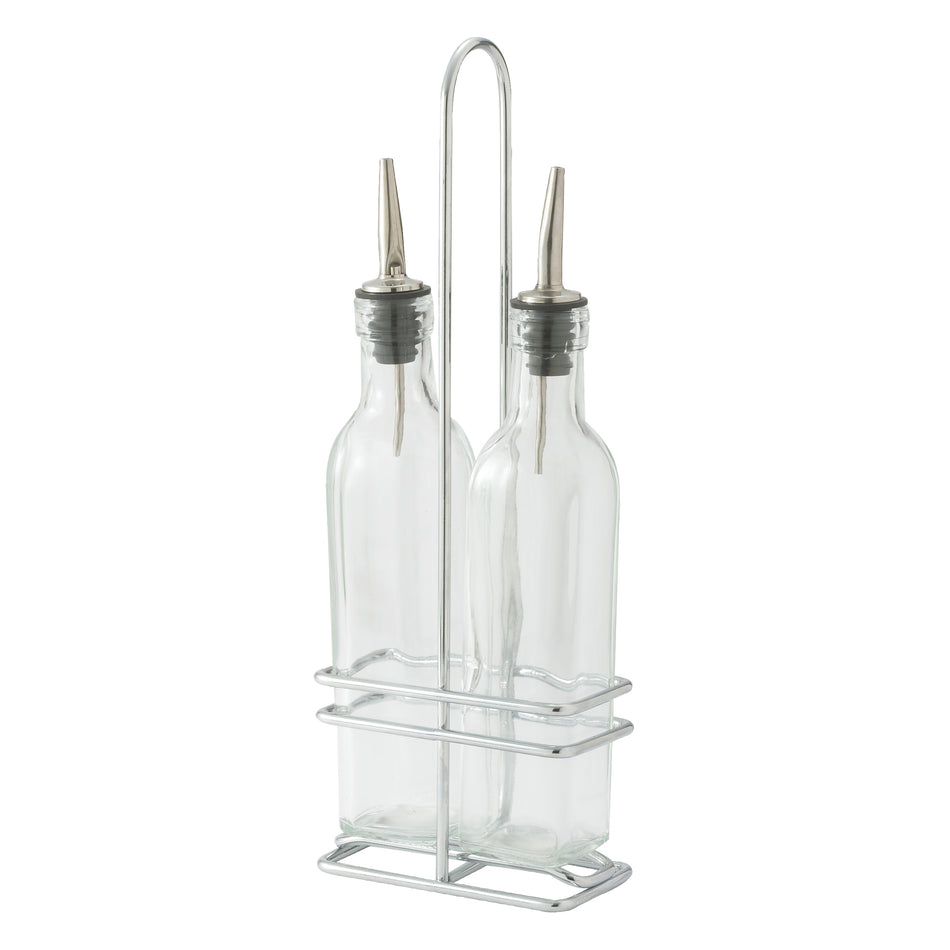 Winco GOB-16S 16 Oz Cruet Set with Chrome Plated Rack and Lids
