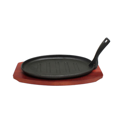 Thunder Group IRBB001 18 Inch Oval Cast Iron Sizzle Platter Set with Gripper and Wood Underliner