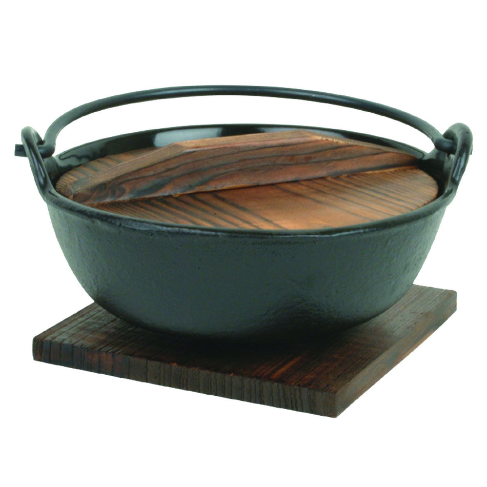 24 oz, 5-3/4" Diameter x 2-3/8" Height, Nabemono Bowl with 3-3/8" Handle Height and Wooden Lid, Cast Iron with Non-Stick Coating, 4-3/4" x 4-5/8" x 1/4" Wooden Base Board