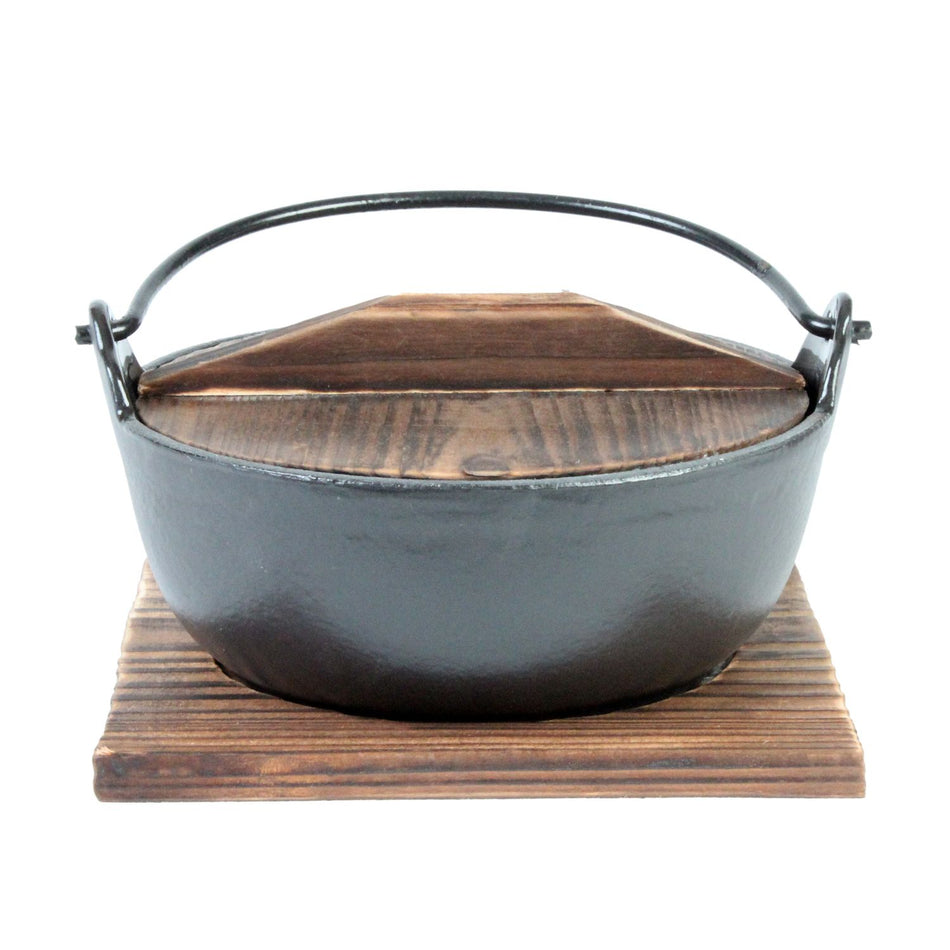 32 oz, 6-3/4" Diameter x 2-1/2" Height, Nabemono Bowl with 4" Handle Height and Wooden Lid, Cast Iron with Non-Stick Coating and 6-5/8" x 6-5/8" x 1/4" Wooden Base Board