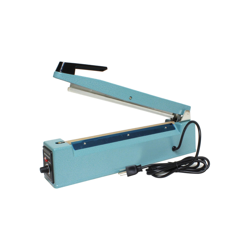 15-3/4" Electric Sealing Machine, Aluminum Alloy Body with Plastic Knob, Made in Taiwan, Types of Poly bags to be use with the machine: Polyethylene and any type of shrink wraps (i.e., Polyvinyl chloride, Polyolefin & Polyethylene), UL