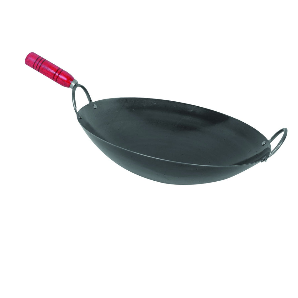 14" Diameter x 3-7/8" Height, Wok, Steel with 4-7/8" Wooden Handle, Made in Taiwan