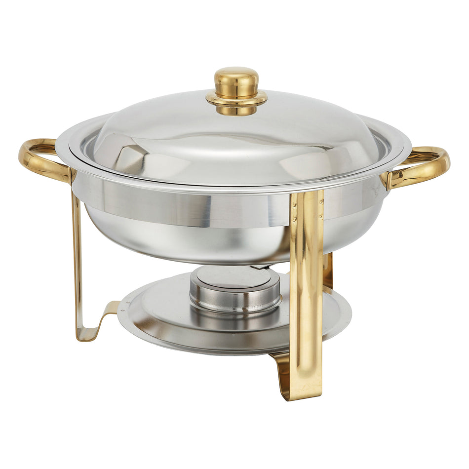 Winco 203 4 Quart Round Chafer Lift-off Cover with Gold Accents Stainless Steel