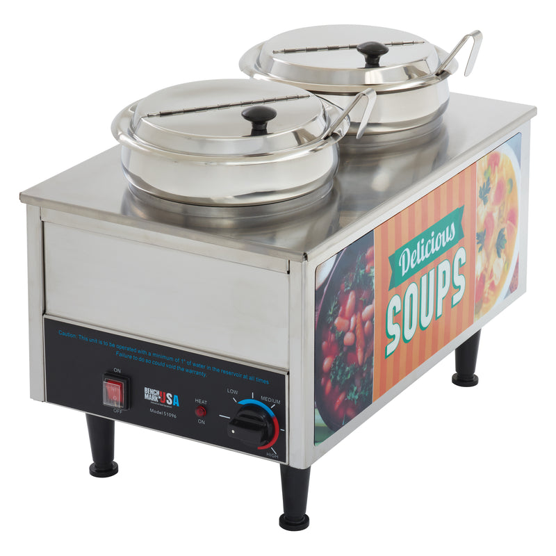 Winco 51072S 21 Inch Dual 7 Quart Soup Station Warmer with Hinged Inset Lids