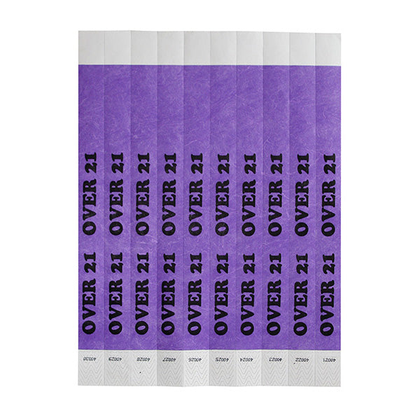 Winco WB-OVER21 Bar Maid Waterproof Tear-Free Wristbands - OVER 21 (Purple/Black) (500 Pieces/Pack)