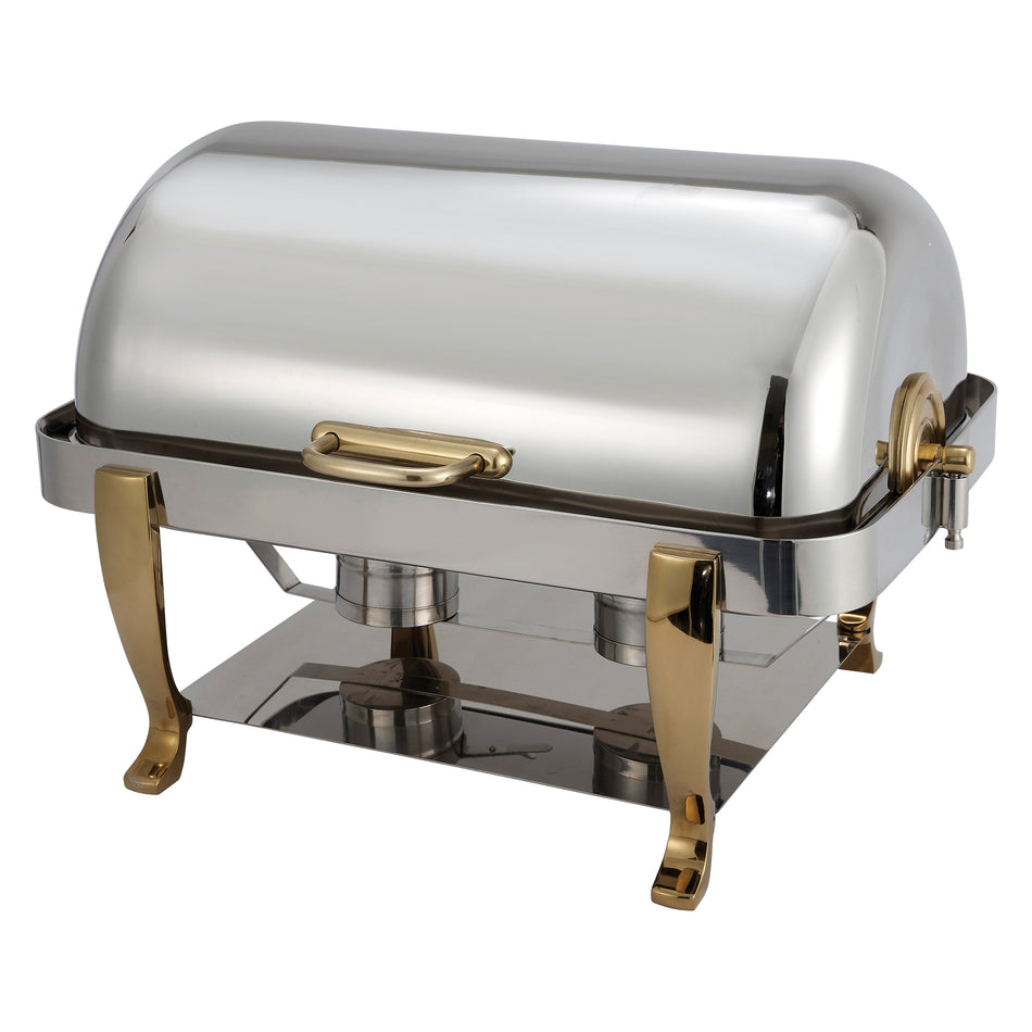 Winco 108A 8 Quart Chafing Dish Roll Top Rectangular Brass Stainless Steel