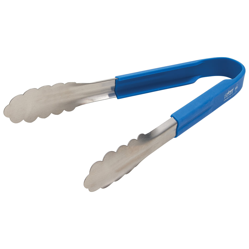 Winco UTSH-9B 9 Inch Utility Tongs with Blue Silicone Handle Stainless Steel