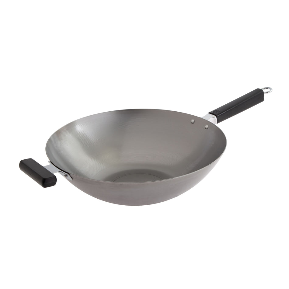 Winco J22-0060 14 Inch Flat Bottom Wok with Phenolic Handles Carbon Steel