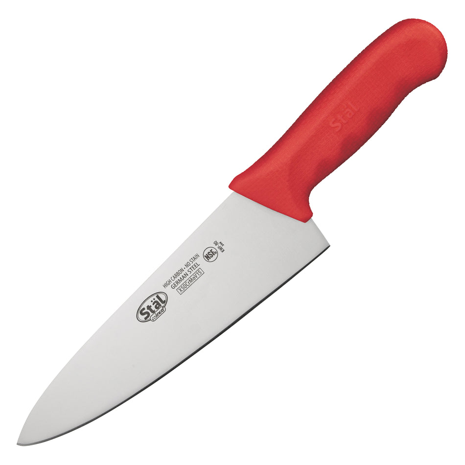 Winco KWP-80R 8 Inch Blade Red Polypropylene Handle Chef Knife Stamped