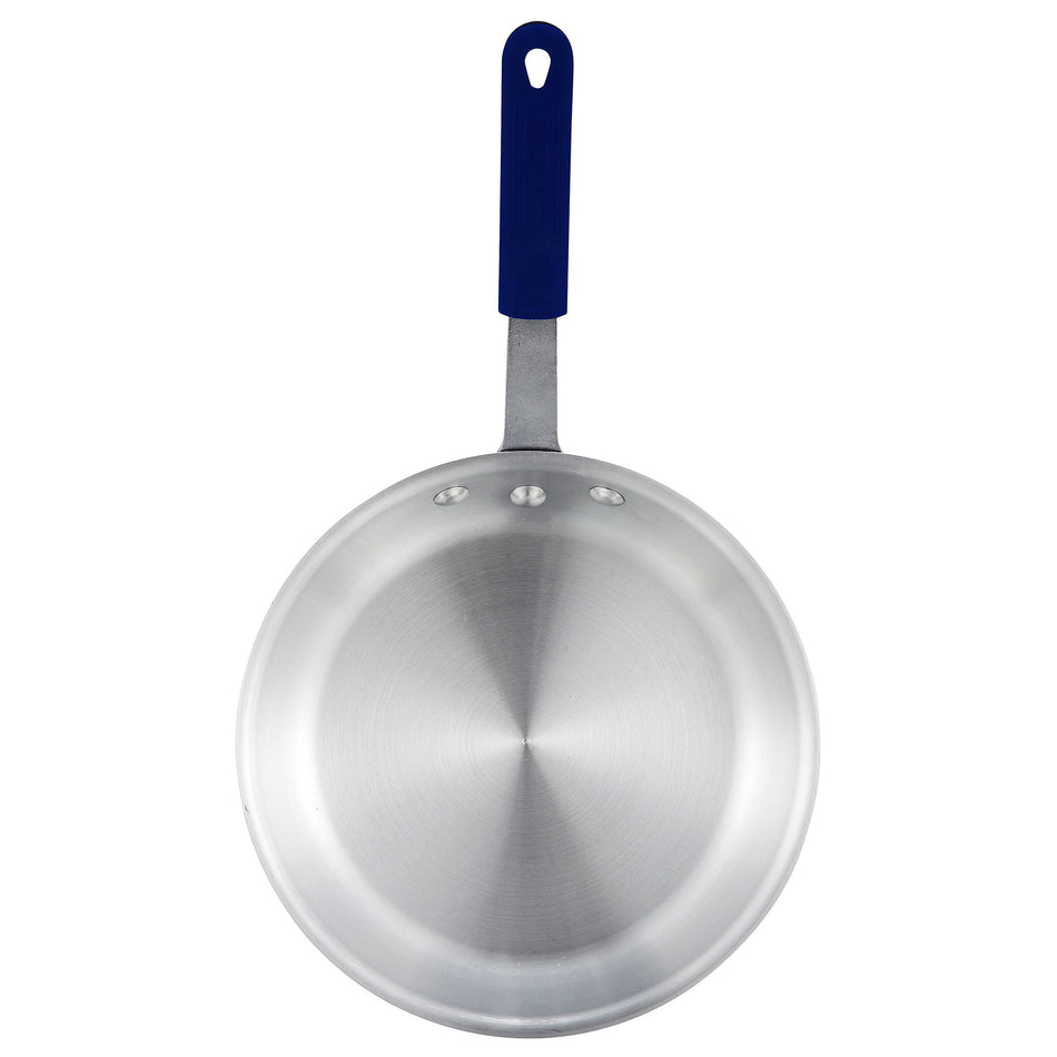 Winco AFP-12A-H 12 Inch Round Fry Pan Riveted Handle with Blue Silicone Sleeve Aluminum