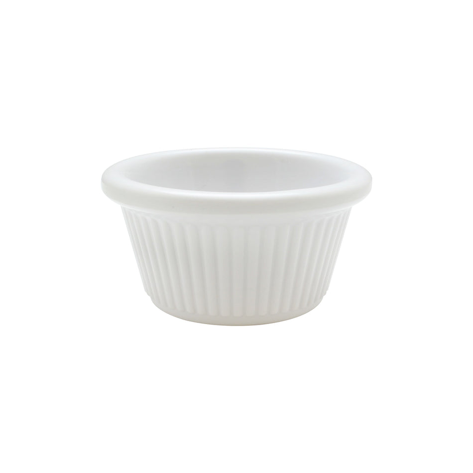 12 Pack 2 oz, 2-7/8" Diameter x 1-1/2" Height, Fluted Ramekin, White Color- Retail Pack, Melamine, BPA Free, Dishwasher Safe, Break-Resistant, Shatter-Resistant, No Microwave, No Oven, NSF
