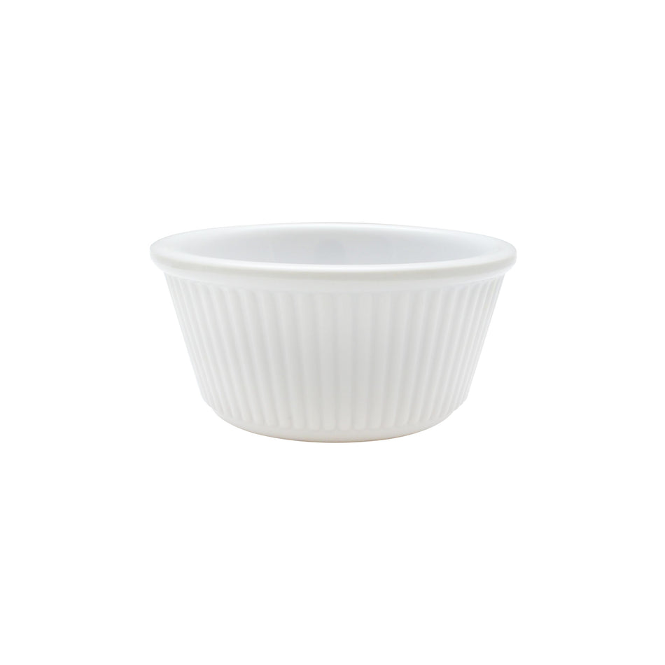 12 Pack 3 oz, 3-1/8" Diameter x 1-5/8" Height, Fluted Ramekin, White Color- Retail Pack, Melamine, BPA Free, Dishwasher Safe, Break-Resistant, Shatter-Resistant, No Microwave, No Oven, NSF