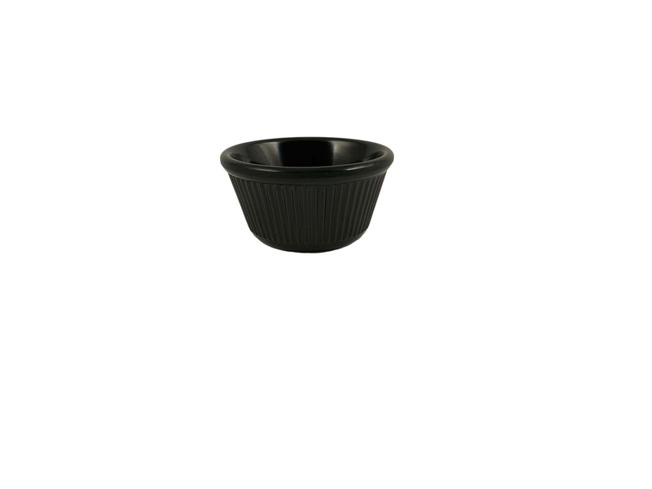 12 Pack 4 oz, 3-3/8" Diameter x 1-3/4" Height, Fluted Ramekin, Black Color, Melamine, BPA Free, Dishwasher Safe, Break-Resistant, Shatter-Resistant, No Microwave, No Oven, NSF