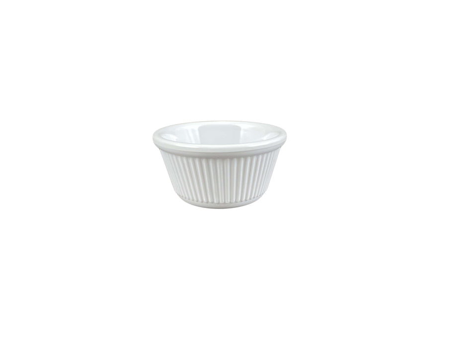 12 Pack 4 oz, 3-3/8" Diameter x 1-3/4" Height, Fluted Ramekin, White Color, Melamine, BPA Free, Dishwasher Safe, Break-Resistant, Shatter-Resistant, No Microwave, No Oven, NSF