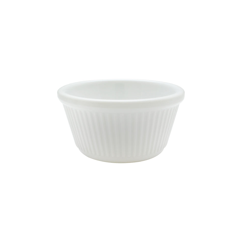 12 Pack 4 oz, 3-3/8" Diameter x 1-3/4" Height, Fluted Ramekin, White Color- Retail Pack, Melamine, BPA Free, Dishwasher Safe, Break-Resistant, Shatter-Resistant, No Microwave, No Oven, NSF