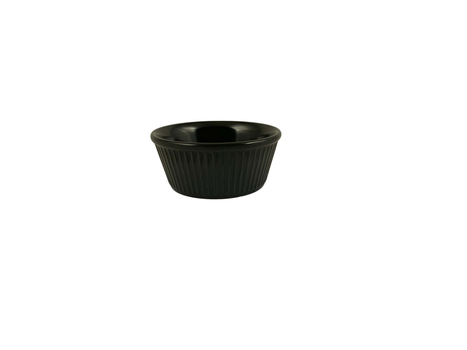 12 Pack 3-1/2 oz, 3-3/8" Diameter x 1-1/2" Height, Fluted Ramekin, Black Color, Melamine, BPA Free, Dishwasher Safe, Break-Resistant, Shatter-Resistant, No Microwave, No Oven, NSF