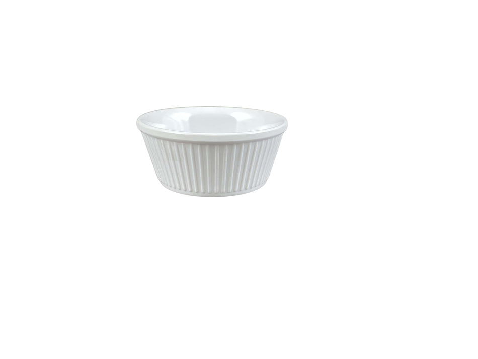 12 Pack 3-1/2 oz, 3-3/8" Diameter x 1-1/2" Height, Fluted Ramekin, White Color, Melamine, BPA Free, Dishwasher Safe, Break-Resistant, Shatter-Resistant, No Microwave, No Oven, NSF