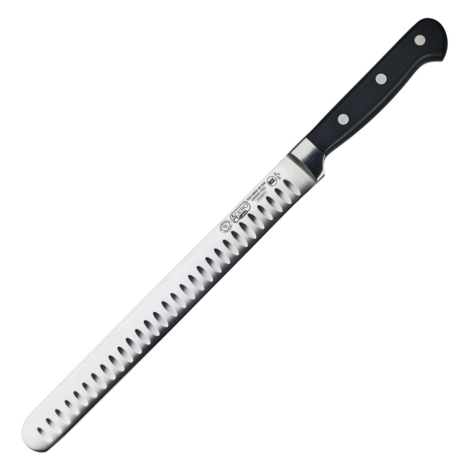 Winco KFP-102 10 Inch Blade Granton Edge Knife Forged High Carbon Stainless Steel Black Handle