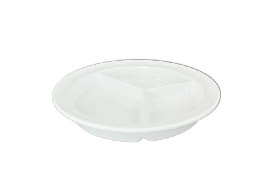 12 Pack 8-3/4" Diameter x 1-1/4" Height, Deep Compartment Plate, White Color (No Lid), Melamine, BPA Free, Dishwasher Safe, Break-Resistant, Shatter-Resistant, No Microwave, No Oven, NSF