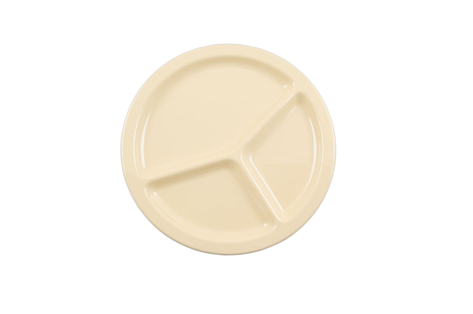 12 Pack 10" Diameter x 3/4" Height, 3 Compartment Plate, Tan Color (No Lid), Melamine, BPA Free, Dishwasher Safe, Break-Resistant, Shatter-Resistant, No Microwave, No Oven, NSF