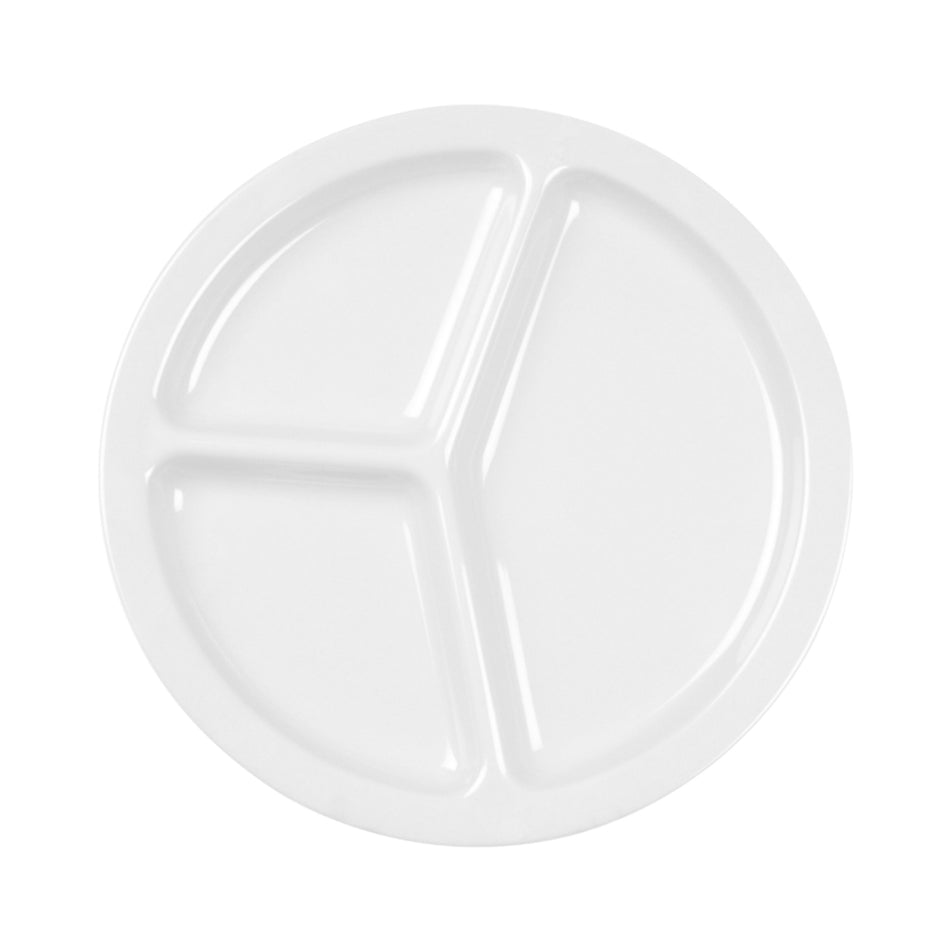 12 Pack 10" Diameter x 3/4" Height, 3 Compartment Plate, White Color (No Lid), Melamine, BPA Free, Dishwasher Safe, Break-Resistant, Shatter-Resistant, No Microwave, No Oven, NSF
