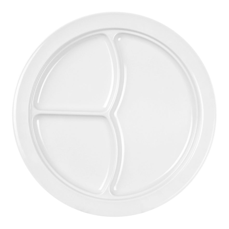 12 Pack 10-1/4" Diameter x 3/4" Height, 3 Compartment Plate, White Color (No Lid), Melamine, BPA Free, Dishwasher Safe, Break-Resistant, Shatter-Resistant, No Microwave, No Oven, NSF